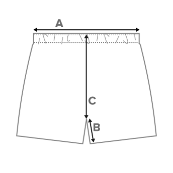 Line illustration of shorts showing letters "A" through "C" along with arrows diagraming the various garment measurements.