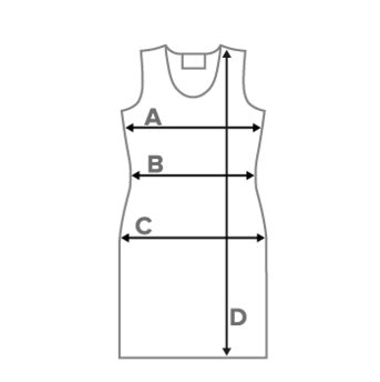 Line illustration of bodycon dress showing letters "A" through "D" along with arrows diagraming the various garment measurements.