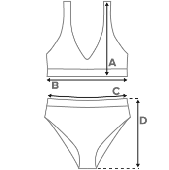 Line illustration of bikini swimsuit showing letters "A" through "D" along with arrows diagraming the various garment measurements.