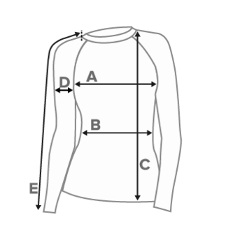 Line illustration of long sleeve top showing letters "A" through "E" along with arrows diagraming the various garment measurements.